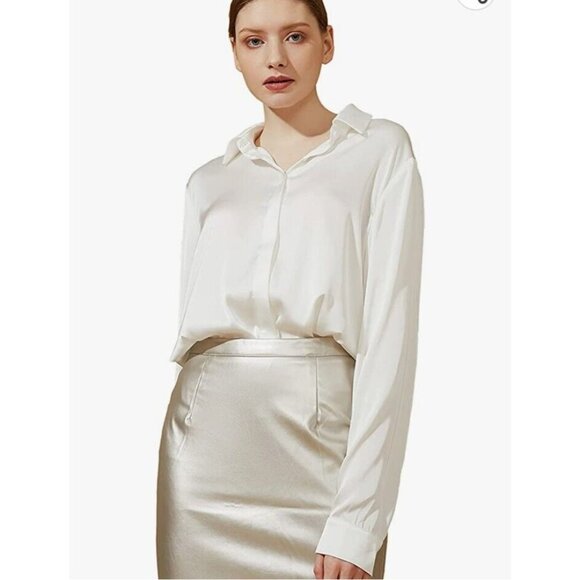 Escalier Tops - Escalier Womens Sz L Blouse Hidden Button Front Long Sleeve White Silky Top NWT